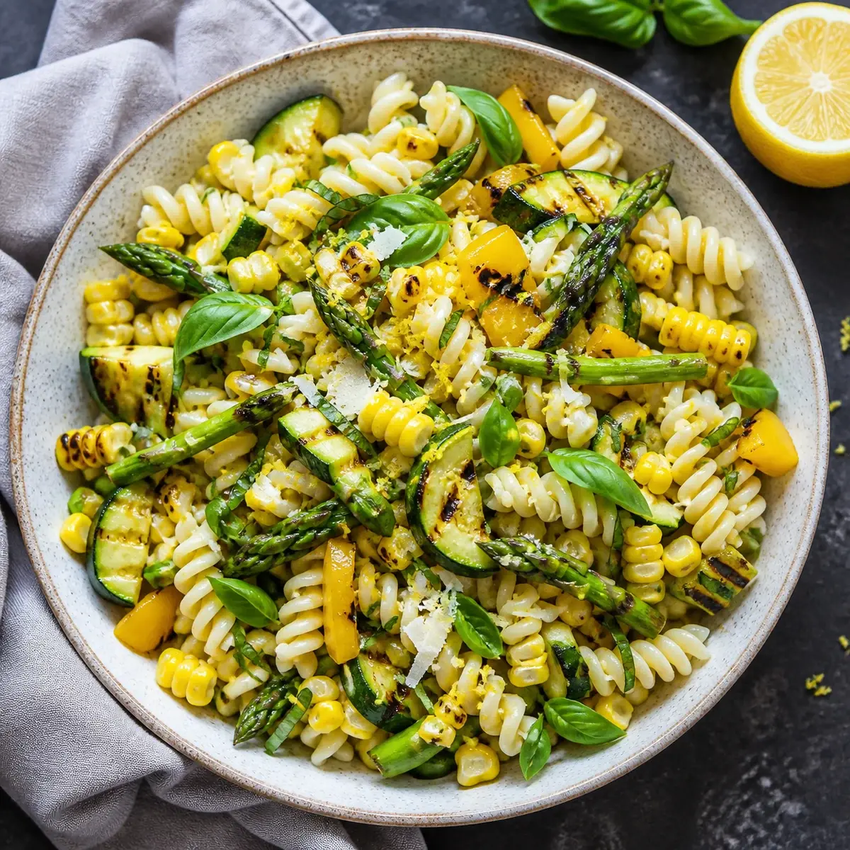 Kom fusillisalade met gegrilde zomergroenten, basilicum, citroenrasp en Parmezaanse kaas.