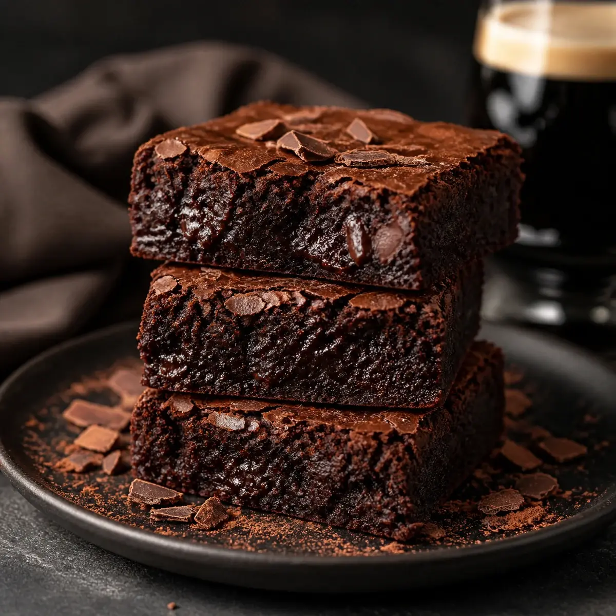Stapel dikke stoutbrownies met een krokante bovenkant en een intens smeuïge chocoladebinnenkant.