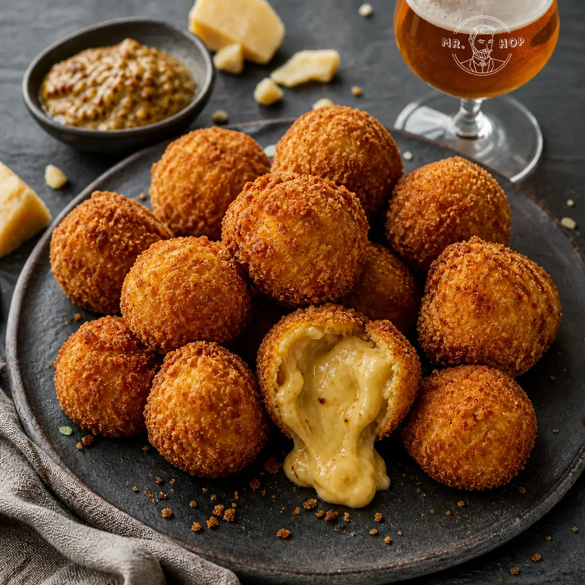 Krokante oude-kaasbitterballen, waarvan één is opengesneden en de romige kaasvulling zichtbaar is.