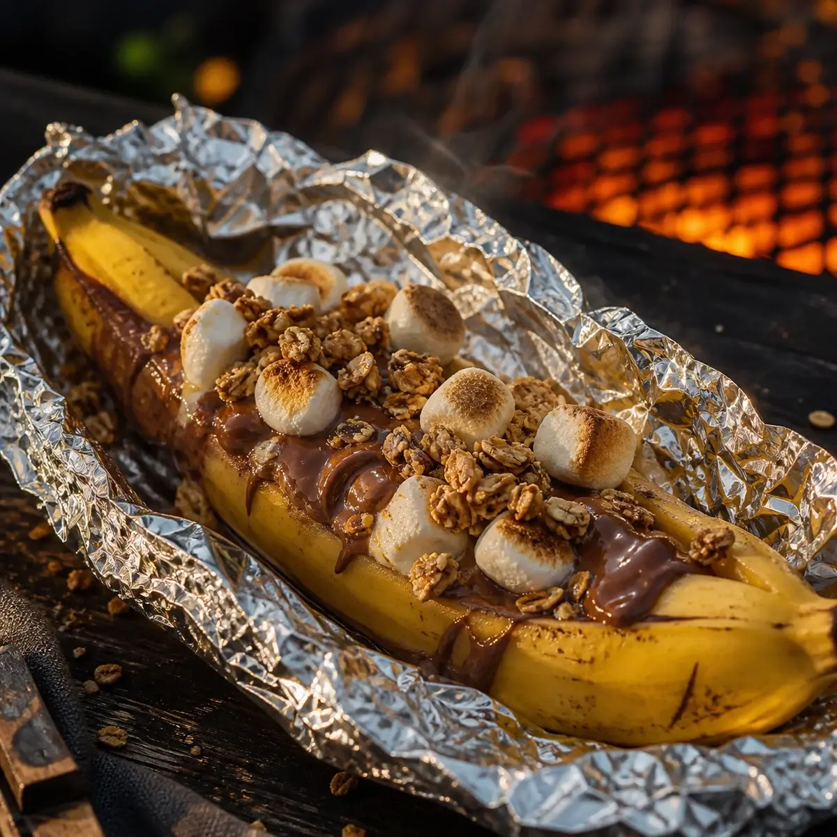 Warme BBQ-banaan in aluminiumfolie met zachte chocolade, licht geroosterde marshmallows en krokante granen.
