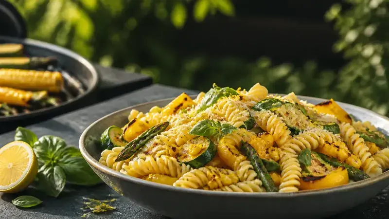 Pastasalade met gegrilde asperges, courgette, maïs en gele paprika, afgewerkt met basilicum en Parmezaanse kaas.