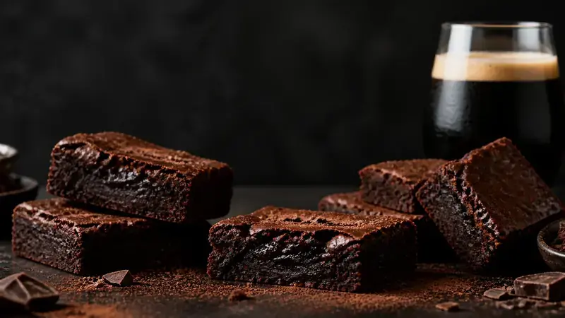 Donkere, smeuïge stoutbrownies met een glas imperial stout op een zwarte stenen tafel.
