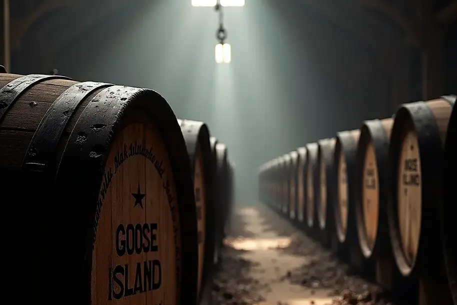 Houten vaten voor het rijpen van de Bourbon County Brand Stout bij de Goose Island brouwerij