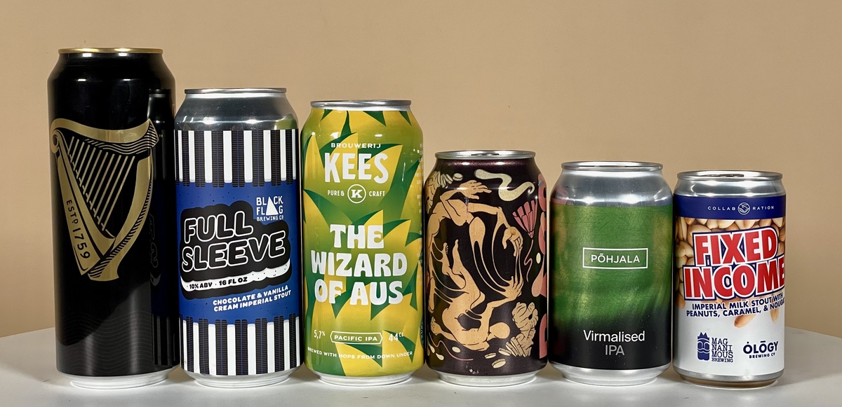 Verschiedene Dosengrößen. v.l.n.r.; 50cl, 47,3cl, 44cl, 35,5cl, 33cl, 23,6cl.