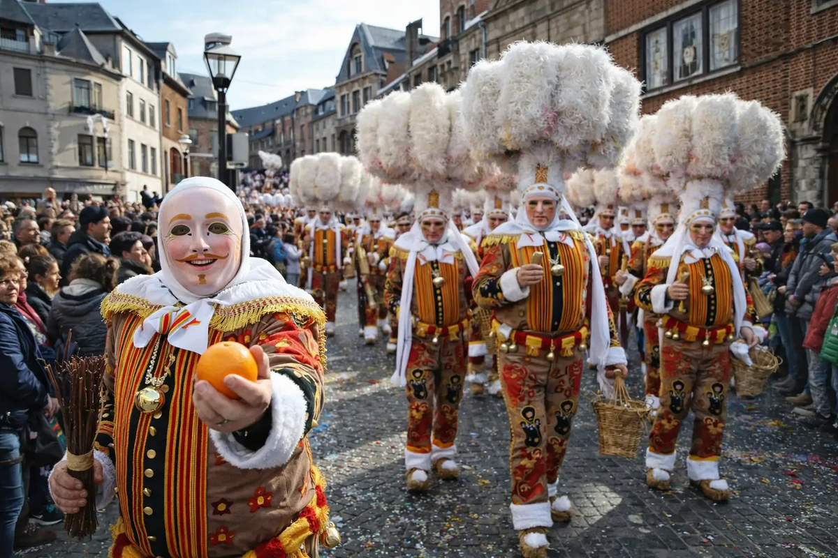 Die Gilles von Binche – sie bewerfen die Menge an Karneval mit Orangen.
