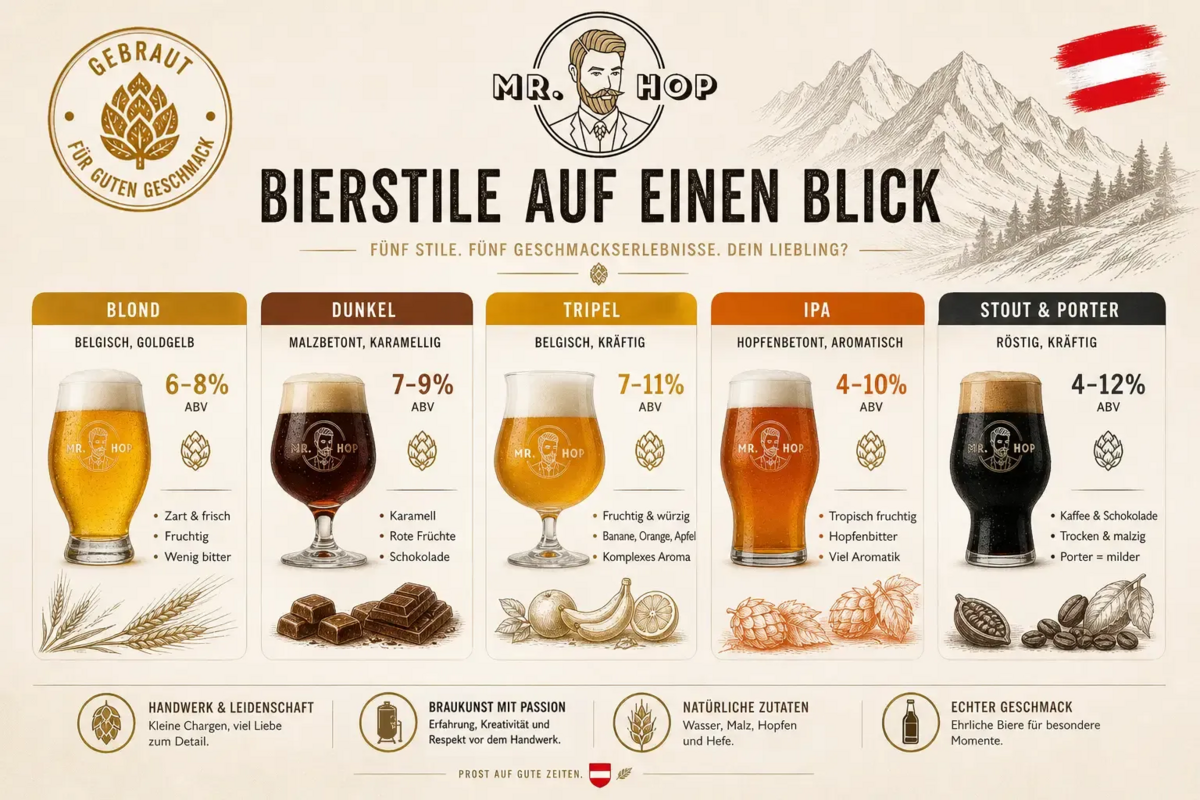 Geschmacksprofile fünf Bierstile – Blond, Dunkel, Tripel, IPA, Stout/Porter