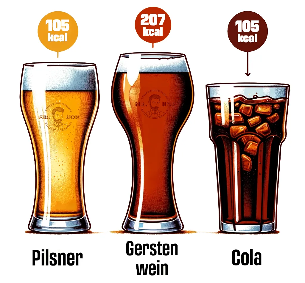 ein Vergleich zwischen der Anzahl der kcal in einem Glas Pils, Gerstenwein und Cola