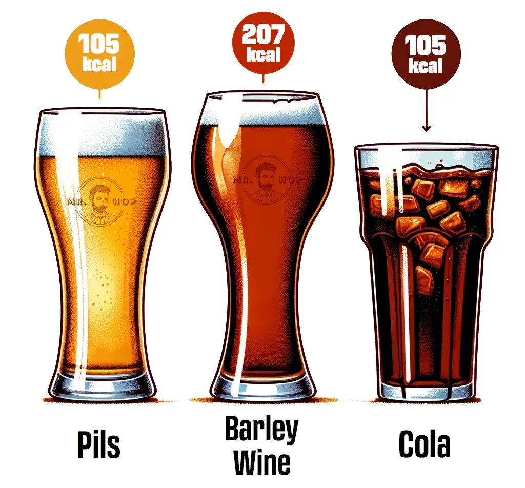 Een vergelijking in aantal kcal per glas tussen Pils, Barley Wine en Cola